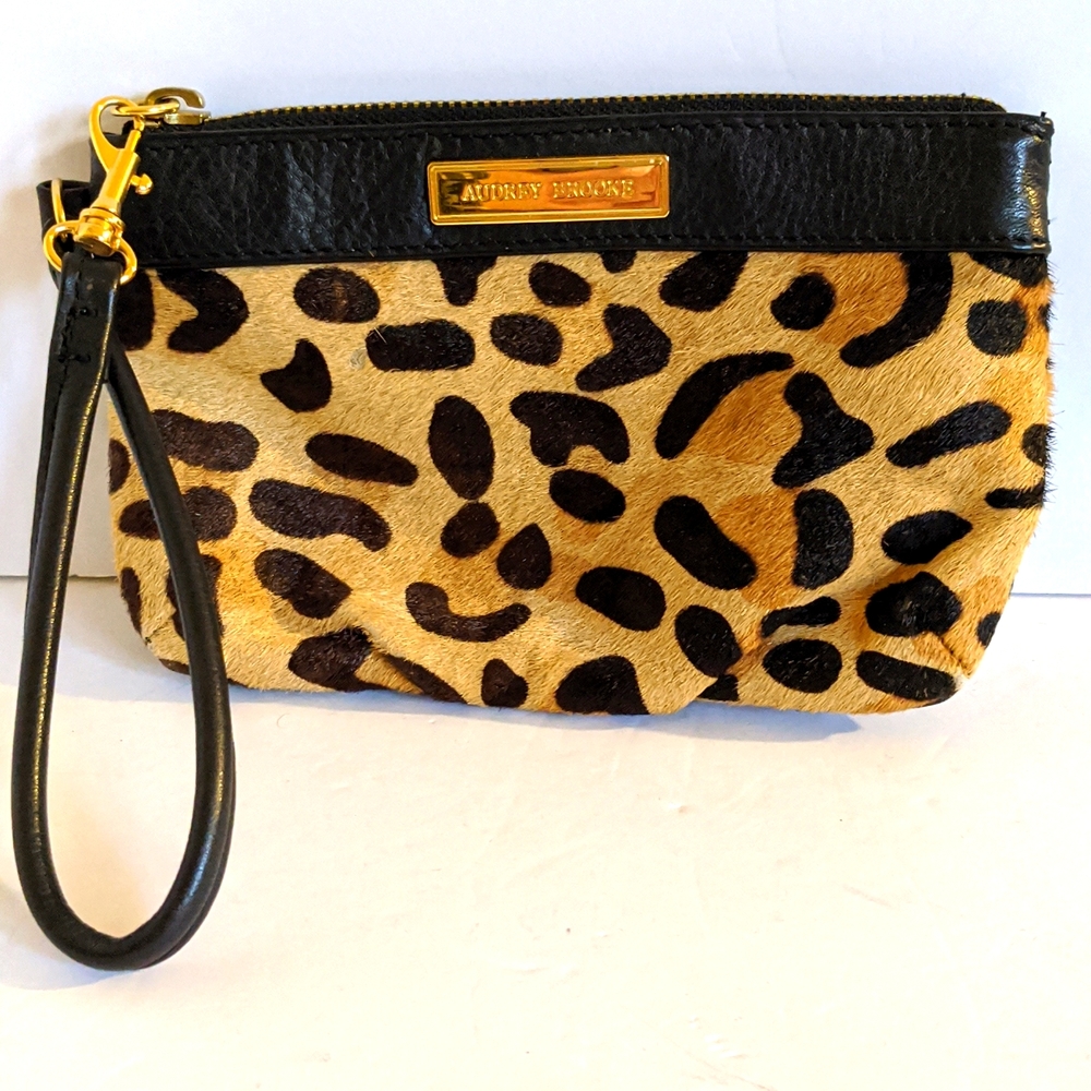 Audrey Brooke Leather Leopard Calf Hair Wristlet Clutch